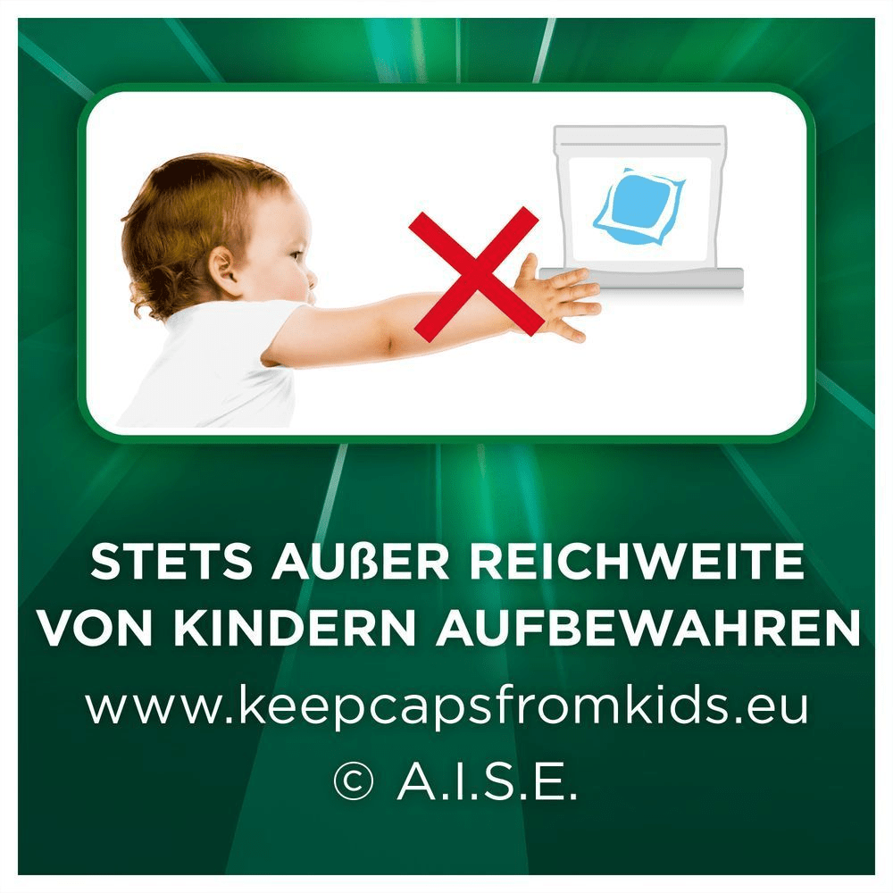 Bewahren Sie Waschmittelkapseln außerhalb der Reichweite von Kindern auf. Website: www.keepcapsfromkids.eu