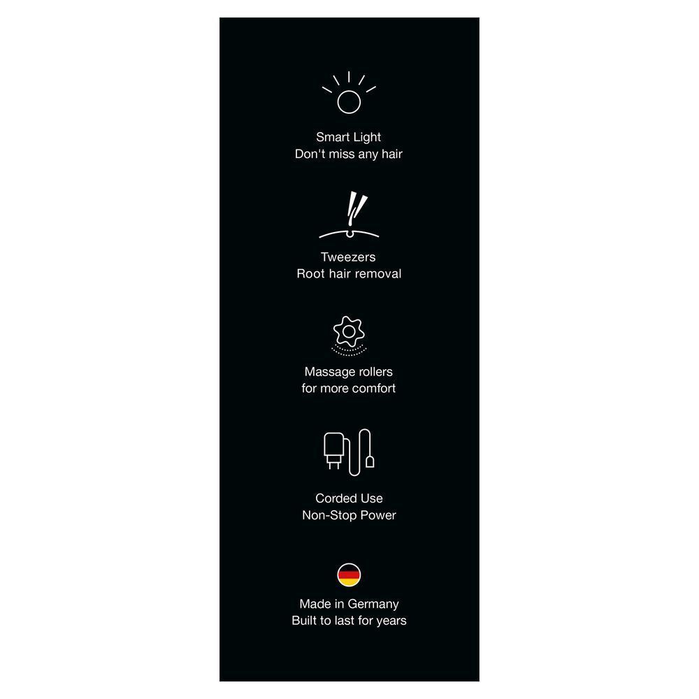 Braun Epilierer Produktverpackung : Funktionen wie Smart Light, Pinzetten für die Haarentfernung und Massagerollen. [RO] Avantaje Braun: lumină inteligentă, pensete pentru rădăcină, role de masaj și utilizare cu fir.;