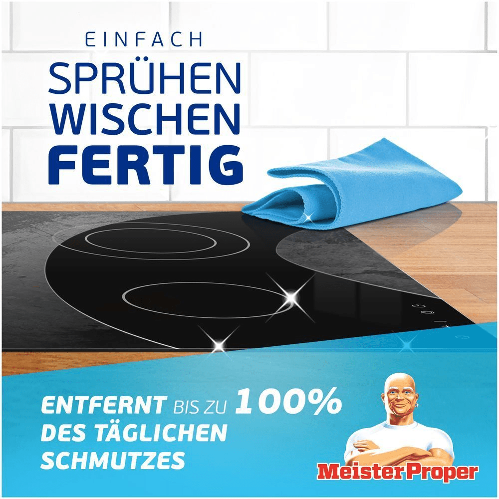 Ein Ceranfeld wird mit einem blauen Tuch gereinigt, um die Entfernung von Schmutz durch Mr Proper zu demonstrieren.