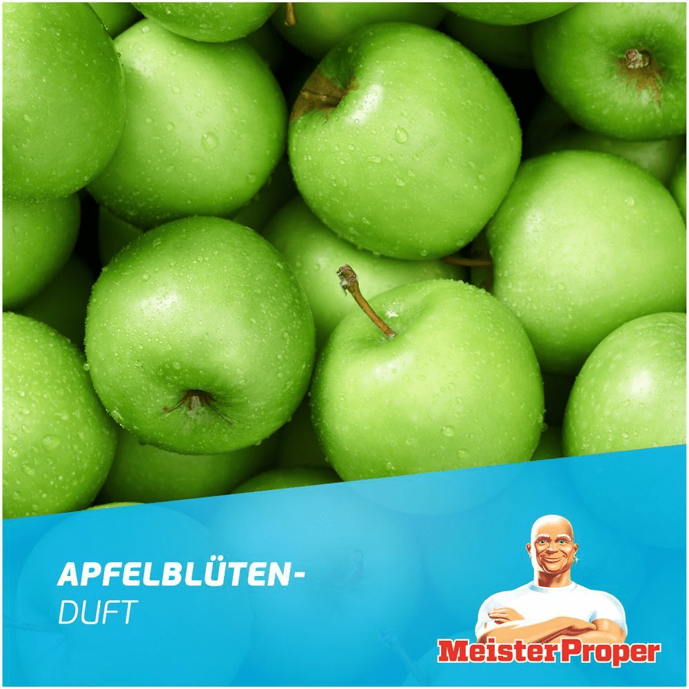 Frische, grüne Äpfel illustrieren den Apfelblüten-Duft von Meister Proper, für ein sauberes Zuhause.