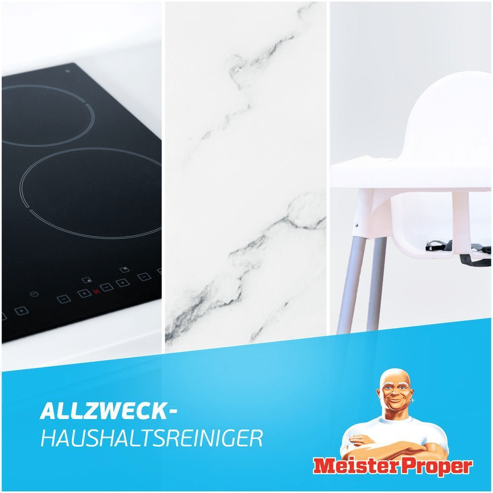 Mr Proper Allzweck-Haushaltsreiniger: Saubere Oberflächen wie Herd, Marmor und Kinderstuhl werden durch den Reiniger visuell hervorgehoben.
