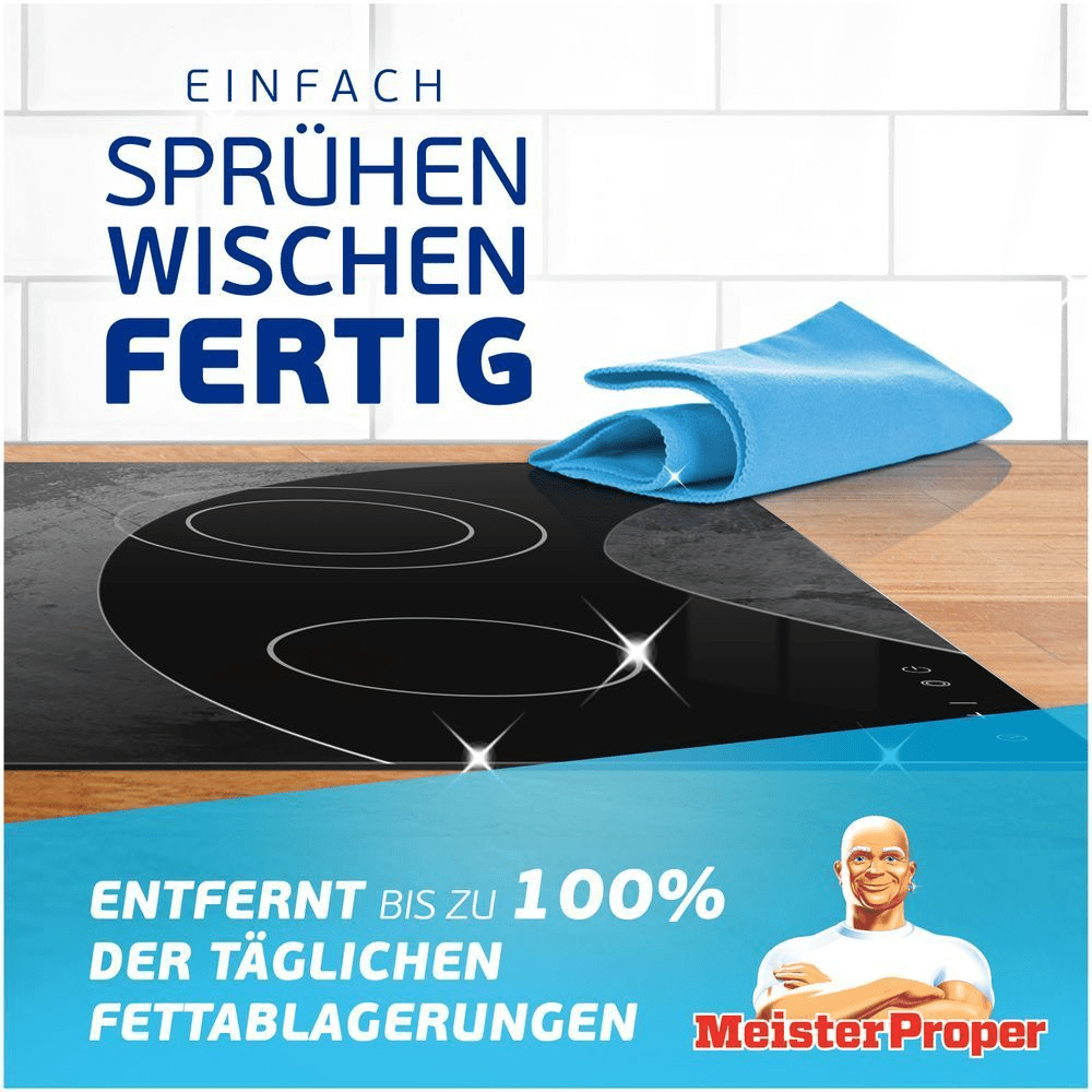 Ceranfeldreinigung leicht gemacht: "Einfach sprÃ¼hen, wischen, fertig" mit Meister Proper. Entfernt Fett.