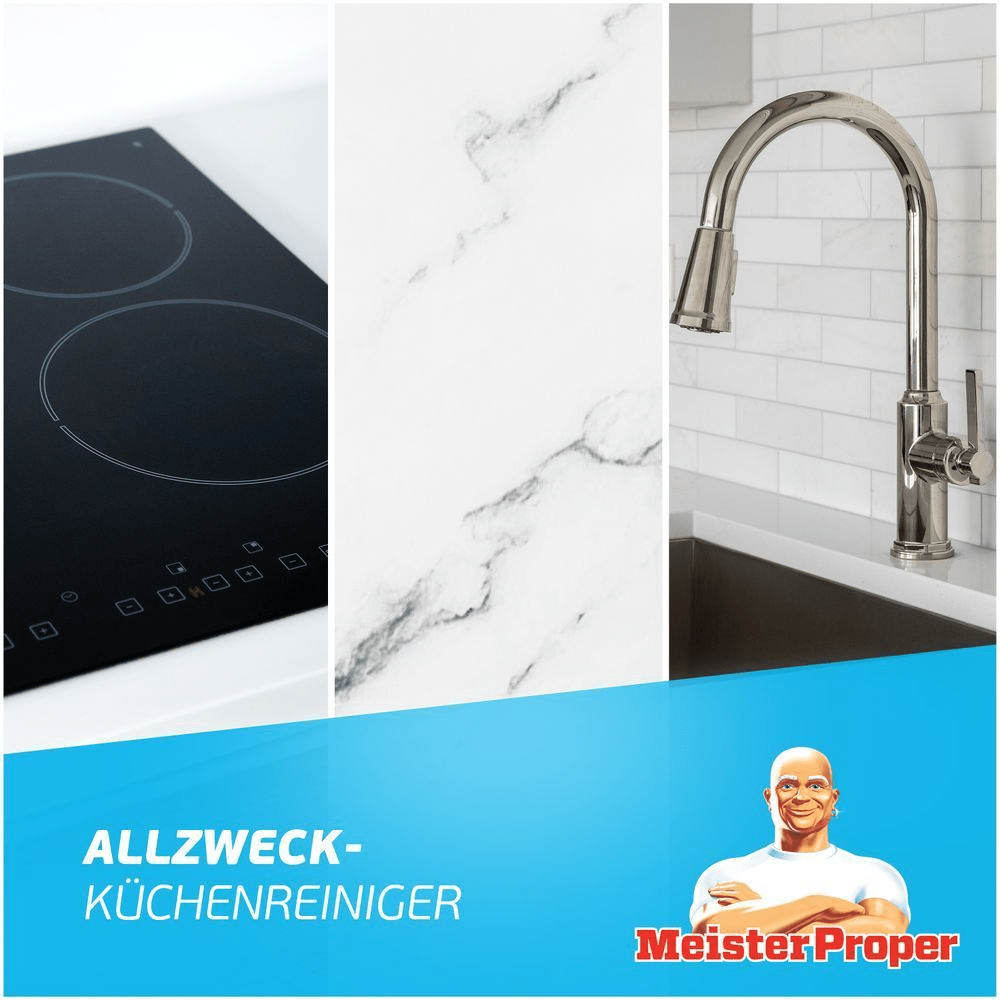 Mr Proper Allzweck-Küchenreiniger sorgt für saubere Oberflächen wie Herdplatten, Marmor und Spülen.