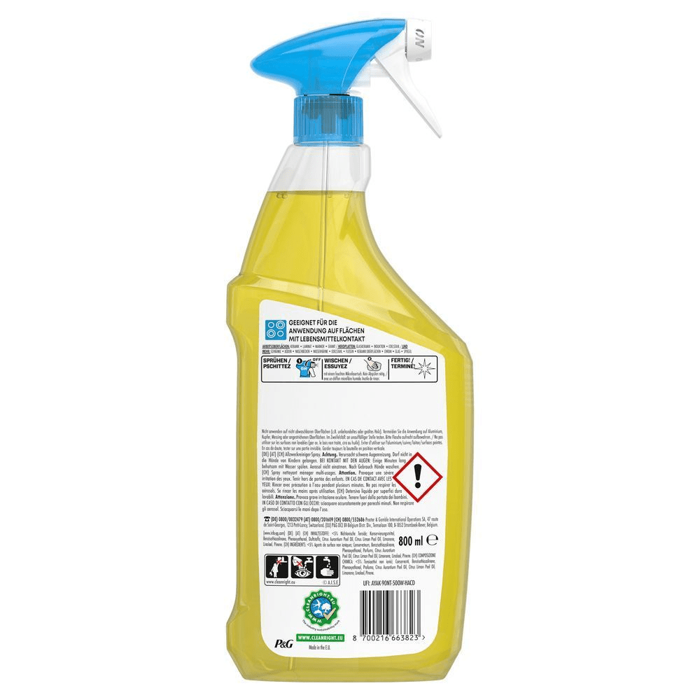 Meister Proper Multi-Oberflächenreiniger Sprühflasche, Rücketikett mit Sicherheitshinweisen.;[FR]Vaporisateur nettoyant multi-surfaces Mr. Propre, étiquette arrière avec avertissements de sécurité.;[IT]flacone detergente spray multiuso Mastro Lindo, etichetta posteriore con avvertenze di sicurezza.