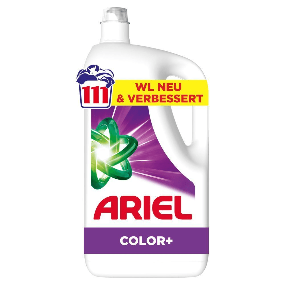 Ariel Flüssigwaschmittel, Color+, 100 Wäschen, 111 WL Neu & Verbessert, Vorderseite, Fleck-Weg-Power beim 1. Waschen selbst in kaltem Wasser.