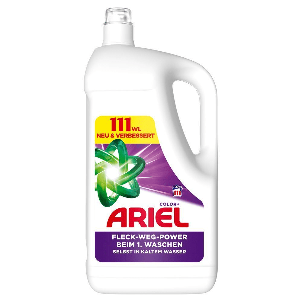 Ariel Flüssigwaschmittel, Color+, 111 WL Neu und verbessert, Vorderseite, Fleck-Weg-Power beim 1. Waschen selbst in kaltem Wasser. [IT] Ariel Color+ liquido per il bucato, con confezione che evidenzia 111 lavaggi e potere smacchiante già al primo lavaggio.