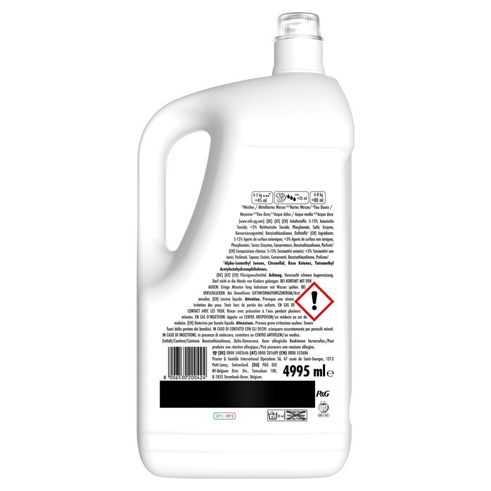 Ariel Flüssigwaschmittel, 4995 ml Flasche, Dosieranleitung für unterschiedliche Wasserhärten und Trommelbeladungen. Warnhinweis zu den Inhaltstoffen, Recycling Symbol, Kontaktdatenwerden angezeigt. [IT] Ariel detersivo liquido professionale, evidenziando l’avviso di attenzione che può causare grave irritazione agli occhi.