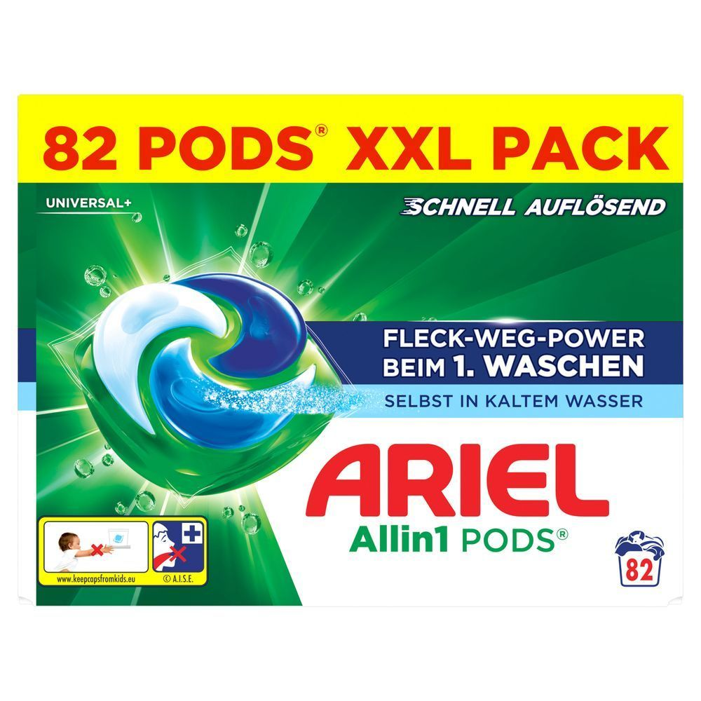 Ariel Universal+, Allin1 PODS, 82 Wäschen, Fleck-Weg-Power beim 1.Waschen, Schnell auflösend, Sofortwirkung selbst in kaltem Wasser [IT] Ariel Allin1 PODS, confezione XXL da 82 pods, con potere smacchiante alla prima lavata, anche in acqua fredda.