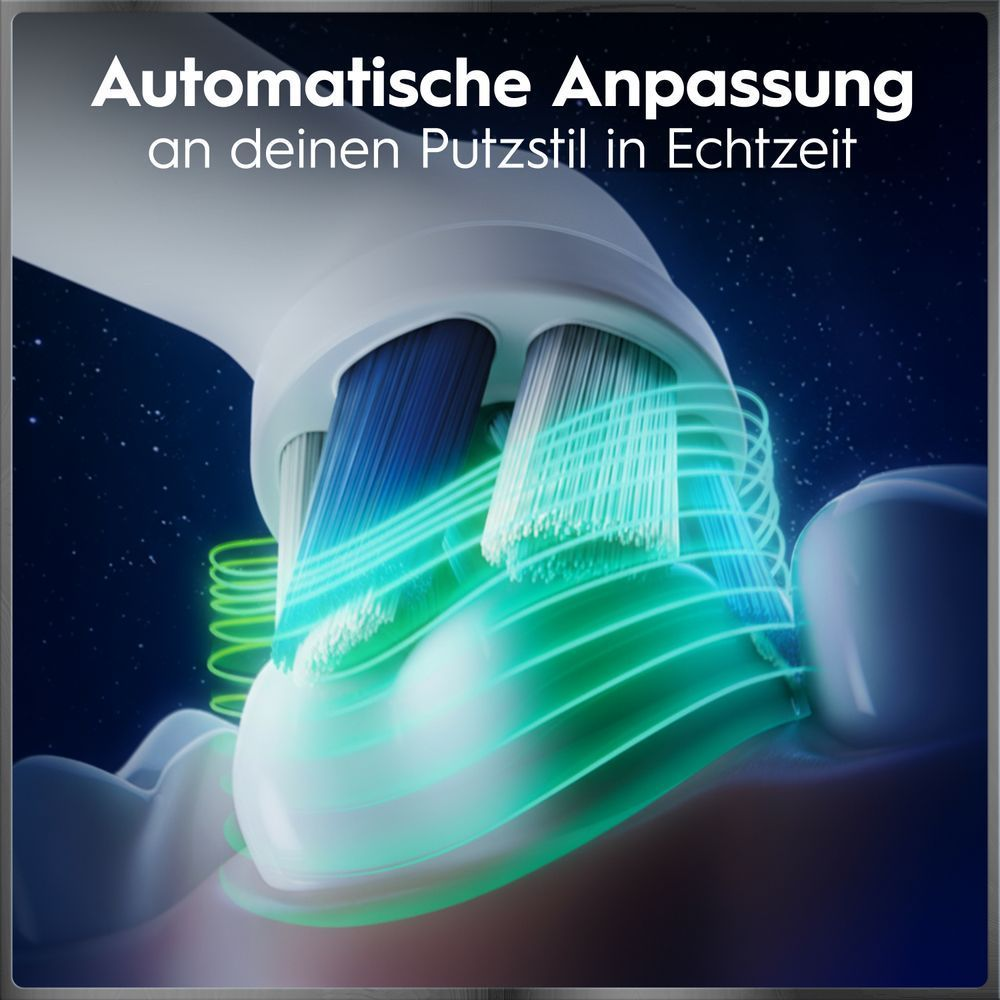 Elektrische Zahnbürste mit grünen Lichteffekten zur automatischen Anpassung an den Putzstil
