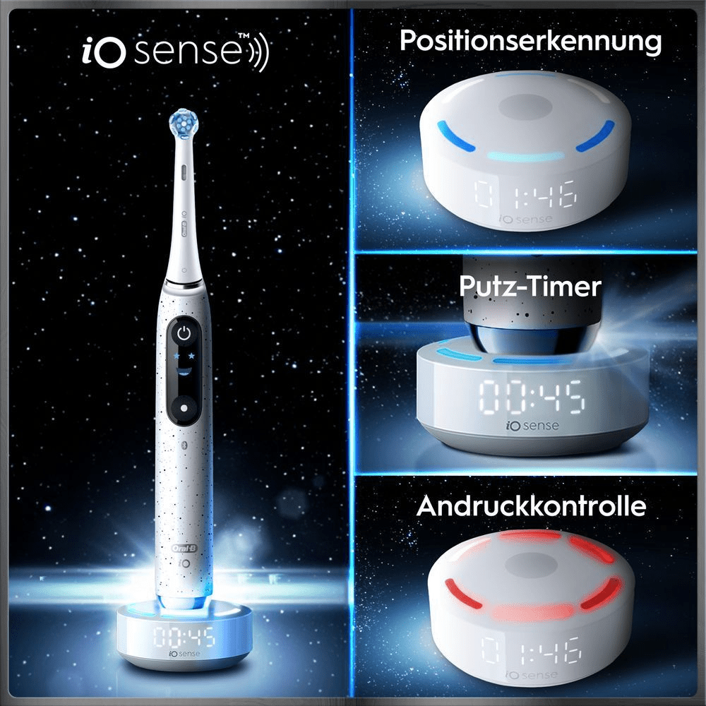 IO Sense Zahnbürste mit Positionserkennung, Putz-Timer und Andruckkontrolle auf Ladestation.