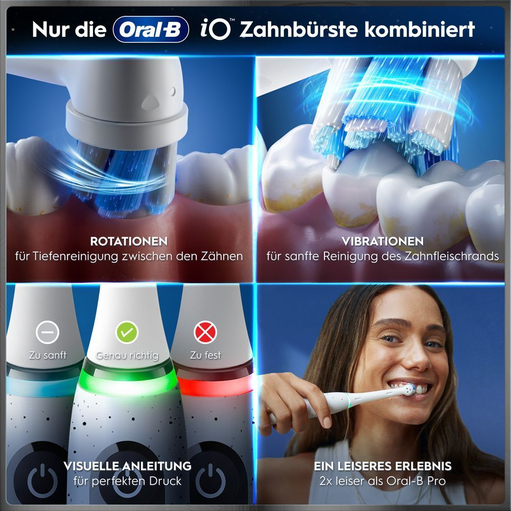 Oral-B iO Zahnbürste Features: Rotation, Vibration, Drucksensor & leises Erlebnis.