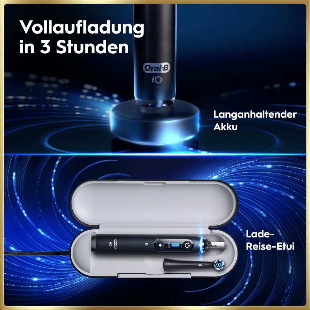 Oral-B iO elektrische Zahnbürste mit 3-Stunden-Vollaufladung und Reise-Ladeetui.