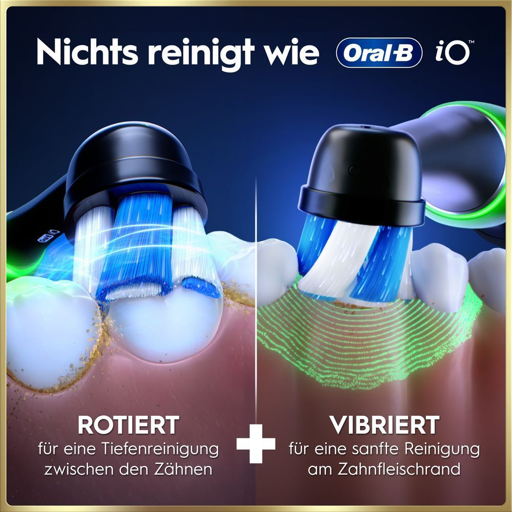 Oral-B iO Zahnbürste zeigt Rotations- & Vibrationsreinigung für Zähne & Zahnfleischrand.