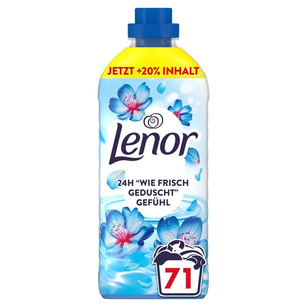 Lenor Weichspüler Flasche mit dem Hinweis +20% Inhalt und dem Versprechen 24H WIE FRISCH GEDUSCHT GEFÜHL.