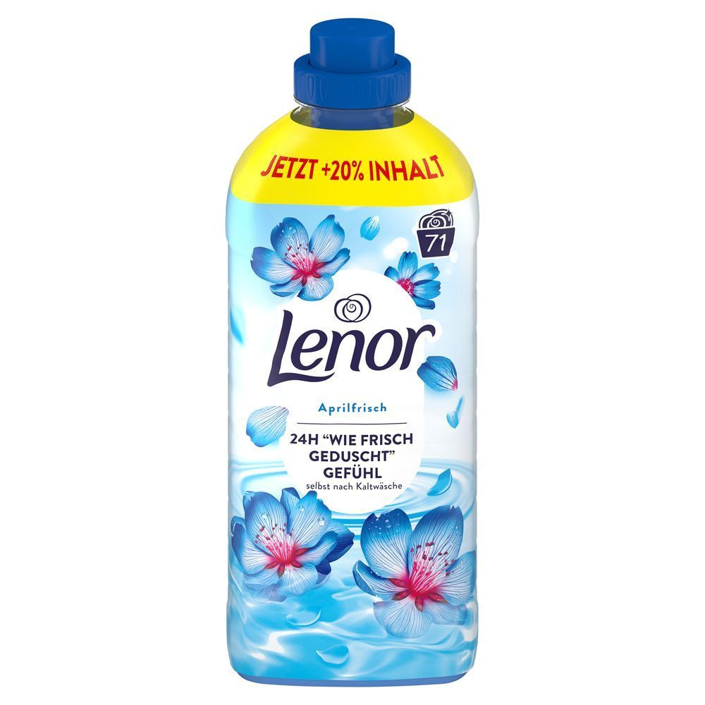 Lenor Aprilfrisch Weichspüler, hervorgehoben mit +20% Inhalt und 24H Wie frisch geduscht Gefühl, selbst nach Kaltwäsche. [IT] Lenor Aprilfrisch, confezione con +20% di contenuto e promessa di 24 ore di freschezza come appena fatto la doccia.