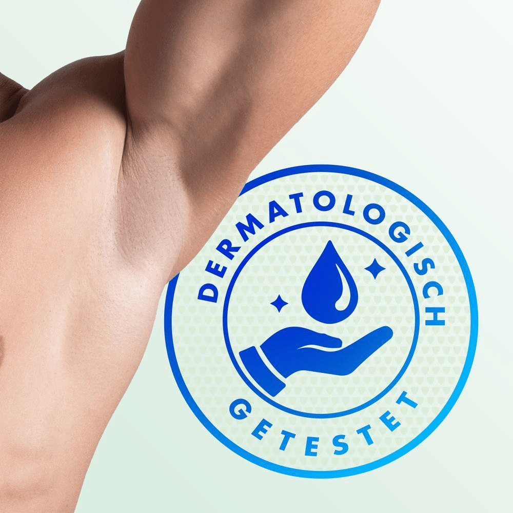 Achselbereich einer Person mit dem Siegel Dermatologisch getestet.