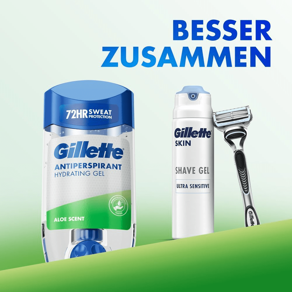 Gillette Antiperspirant, Rasiergel, Rasierer: 72H Schutz & Ultra Sensitiv Pflege.