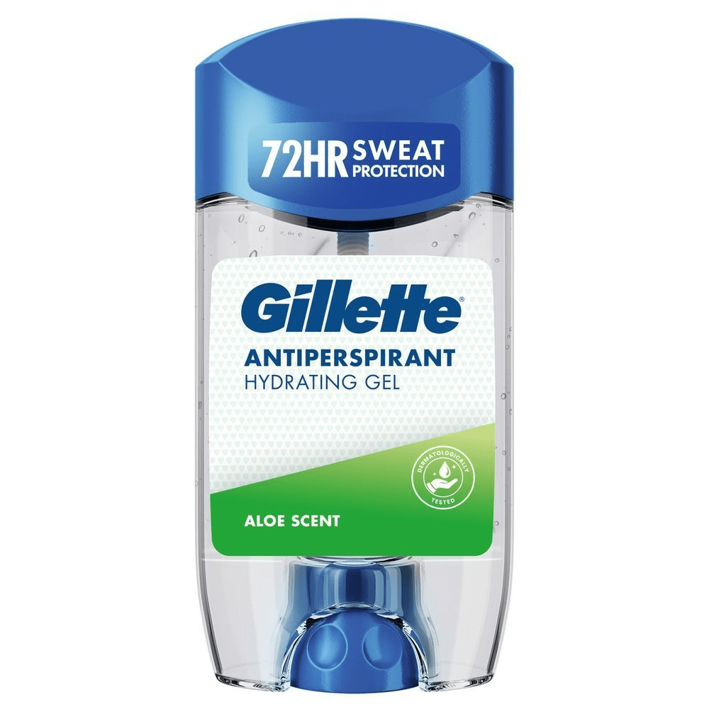 Gillette Antiperspirant Hydrating Gel, hervorgehoben mit 72 Stunden Schweißschutz. [HR] Gillette Antiperspirant Hidratantni Gel, 72h zaštita od znojenja. [CS] Gillette Antiperspirant Hydrating Gel, 72h ochrana proti potu. [HU] Gillette izzadásgátló hidratáló gél 72 órás izzadás elleni védelemmel. [SK] Gillette Antiperspirant Hydratačný gél s 72-hodinovou ochranou proti potu. [SL] Gillette Antiperspirant vlažilni gel s 72-urno zaščito pred potenjem. [ES] Antitranspirante Gel Hidratante Gillette con protección contra el sudor 72 horas. [PT] Gillette fragrância de Aloe Vera Antitranspirante em Stick de Gel hidratante, destaque na embalagem para 72 horas de proteção contra o suor e testado dermatologicamente