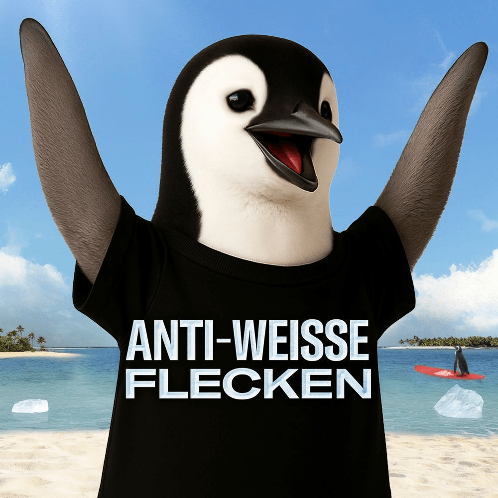 Old Spice Pinguin mit ANTI-WEISSE FLECKEN T-Shirt am Strand.
