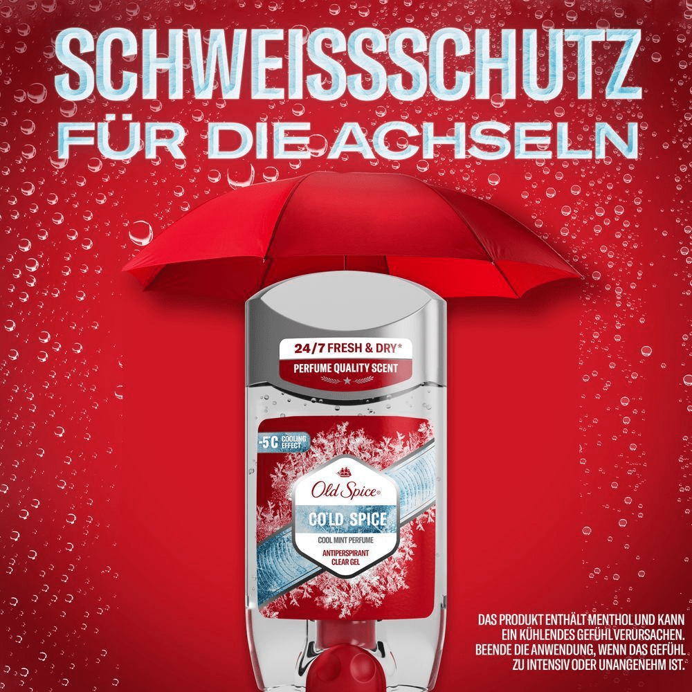 Old Spice Cold Spice Antiperspirant Clear Gel mit -5°C Kühleffekt und Duft in Parfumqualität.