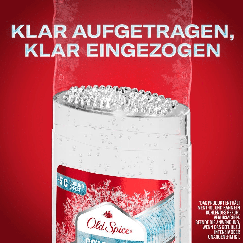 Old Spice Clear Gel Deodorant mit Klar aufgetragen, klar eingezogen und -5°C Kühleffekt.