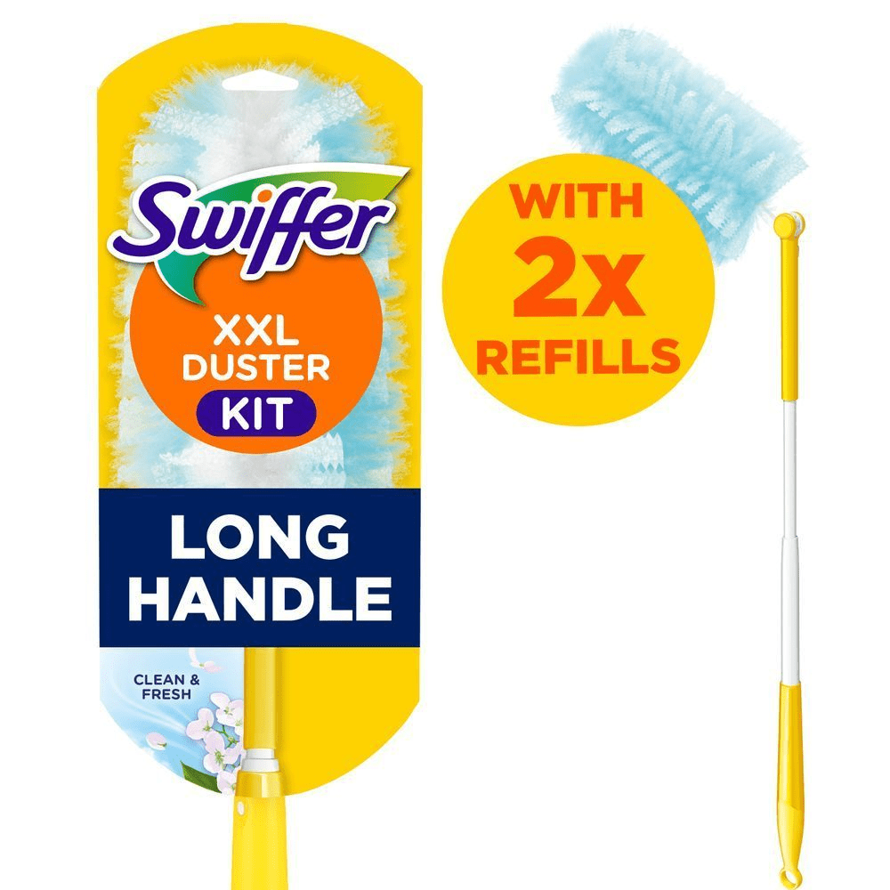 [IT] Swiffer XXL Duster Kit con manico lungo, confezione che indica "con 2 ricariche". [PT] Swiffer XXL Duster Kit com embalagem destacando o cabo longo e a oferta de 2 recargas extras.;