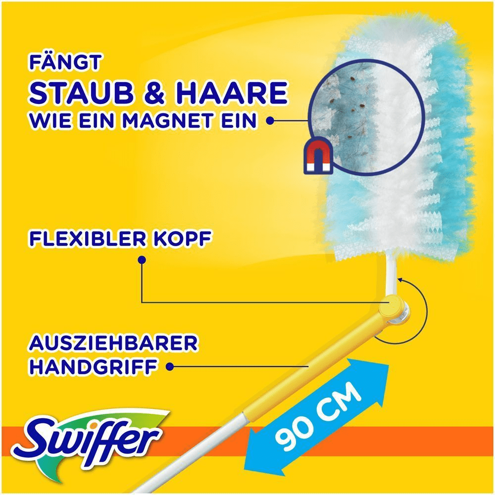 Swiffer Staubmagnet fängt Staub und Haare wie ein Magnet ein, mit flexiblem Kopf und ausziehbarem Griff bis 90 cm.