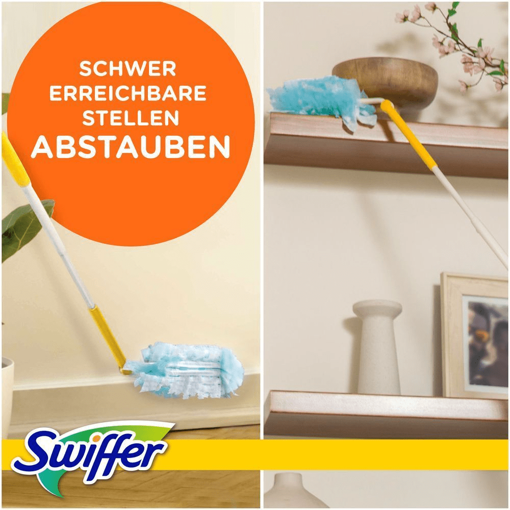 Swiffer Staubwedel in Aktion, um schwer erreichbare Stellen zu reinigen, wie Sockelleisten und Regale.
