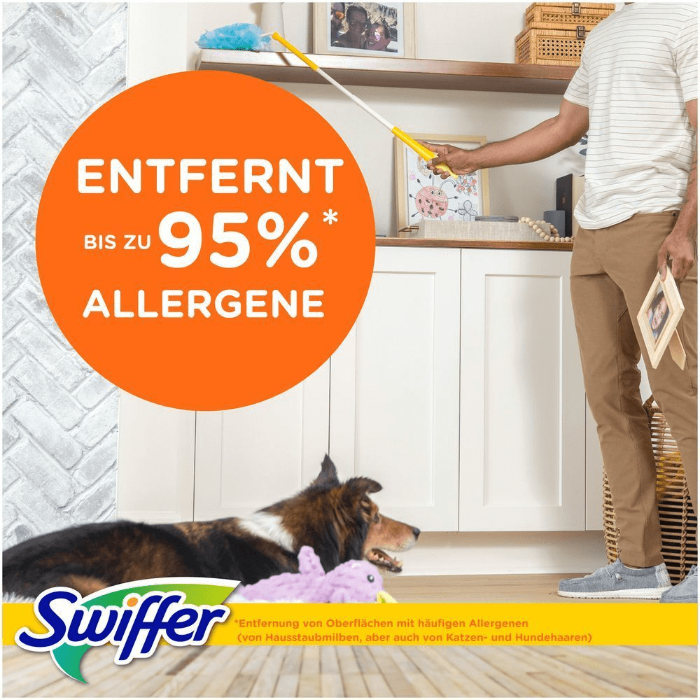 Swiffer entfernt bis zu 95% der Allergene von Oberflächen, während ein Hund entspannt daneben liegt.