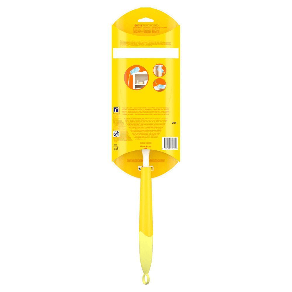 Swiffer Duster con confezione che mostra le icone di utilizzo per spolverare superfici, persiane e pulire l'interno dell'auto.