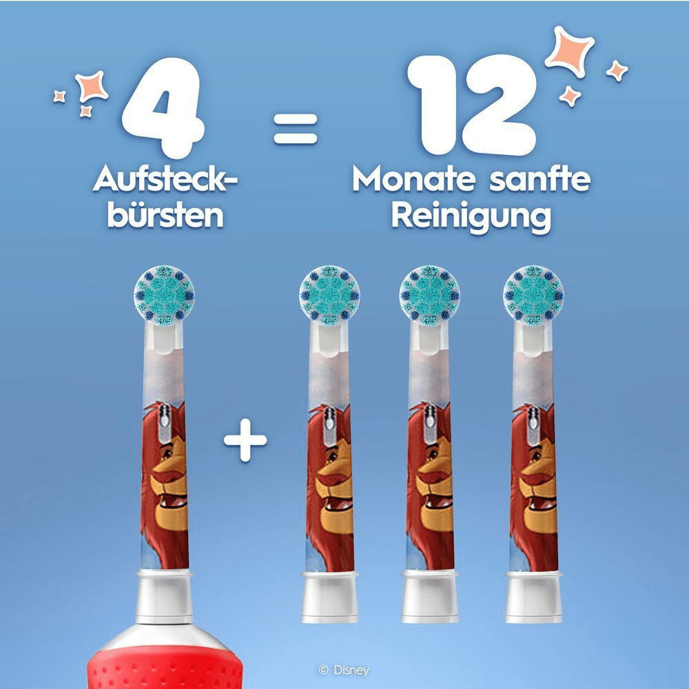 Zahnbürste mit Aufsteckbürste + 3 Aufsteckbürsten daneben.