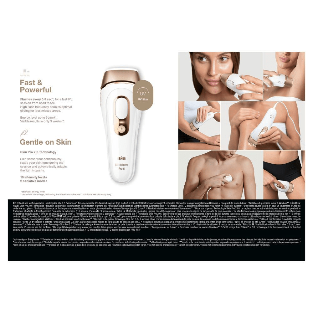 Braun Silk-expert Pro 5 IPL-Haarentfernungssystem mit UV-Filter, das schnelle Lichtimpulse für eine rasche IPL-Behandlung von Kopf bis Fuß bietet. [EN] Braun Silk Expert Pro 5 IPL, highlighting fast and powerful flashes every 0.5 seconds for quick hair removal. [DA] Braun Silk-expert Pro 5 IPL-hårfjerner med UV-filter, der giver hurtige lysimpulser hvert 0,5 sekund for en hurtig IPL-behandling fra top til tå. [RO] Braun Silk-expert Pro 5, cu tehnologia Skin Pro 2.0 care adaptează automat intensitatea luminii în funcție de tonul pielii utilizat de un model feminin. [SV] Braun Silk-expert Pro 5 IPL-hårborttagningsenhet med UV-filter och löfte om synliga resultat på bara 3 veckor. [IT] Braun Silk Expert Pro 5 con filtro UV, evidenziando la tecnologia Skin Pro 2.0 che adatta automaticamente l'intensità della luce. [CS] Braun Silk-expert Pro 5 IPL, zdůrazňující rychlé záblesky každých 0,5 sekundy pro rychlé IPL ošetření od hlavy až k patě. [HU] Braun Silk-expert Pro 5 IPL szőrtelenítő készülék, kiemelve a gyors és hatékony villanásokat 0,5 másodpercenként. [SK] Braun Silk-expert Pro 5 s balením, zdôrazňujúci rýchle záblesky každých 0,5 sekundy pre rýchle IPL ošetrenie od hlavy až po päty. [SL] Braun Silk-expert Pro 5 IPL odstranjevalec dlačic s poudarkom na hitri in močni tehnologiji, ki omogoča vidne rezultate v samo 3 tednih. [FI] Braun Silk-expert Pro 5 -ihonhoitolaite, jossa on UV-suodatin ja korostetaan nopeita välähdyksiä 0,5 sekunnin välein. [NO] Braun Silk-expert Pro 5 IPL-enhet vist, med UV-filter og påstanden om synlige resultater på bare 3 uker. [ES] Braun Silk-expert Pro 5 con filtro UV, destacando la tecnología Skin Pro 2.0 para una depilación suave y adaptada a tu piel. [PT] Braun Silk-expert Pro 5 com embalagem destacando flashes a cada 0,5 segundos para uma sessão IPL rápida da cabeça aos pés.;