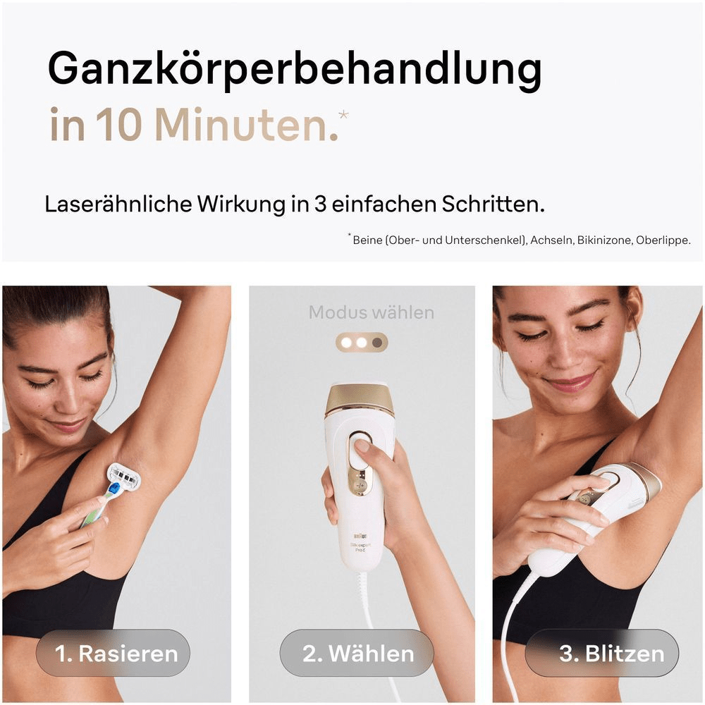 Braun Haarentfernung: 3 Schritte zur Ganzkörperbehandlung, inklusive Rasieren, Modus wählen und Blitzen für laserähnliche Ergebnisse.