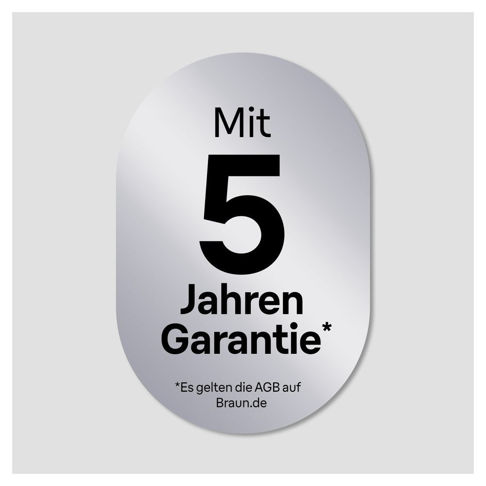 Braun Produkt mit 5 Jahren Garantie, die auf Braun.de geltenden AGB sind zu beachten.