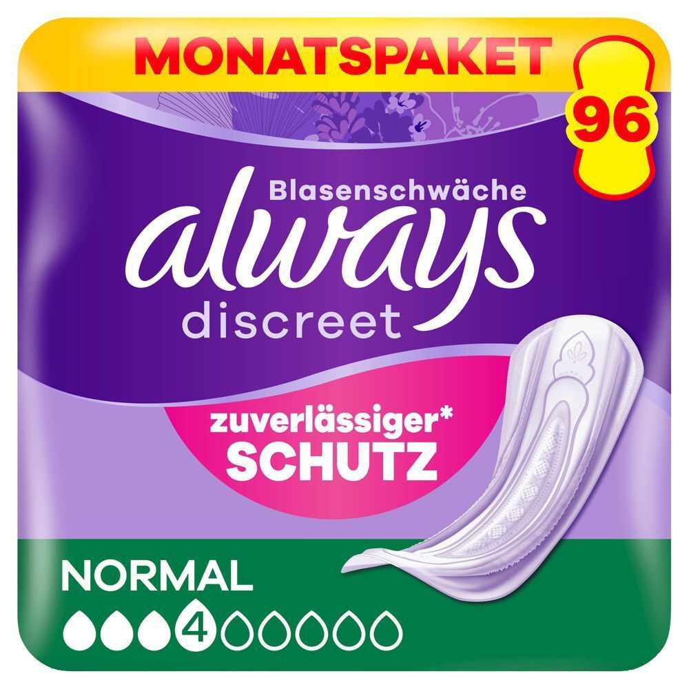 Always Discreet Blasenschwäche Einlagen, Monatspaket mit 96 Stück, bieten zuverlässigen Schutz für Blasenschwäche. [EN] Always Discreet pads, size normal, 4 drops, 96 count, without wings, sensitive bladder, complete protection. Plastic pack front panel in purple, Always logo dark purple. Monthly pack highlighted at the top in red caps on a yellow banner.