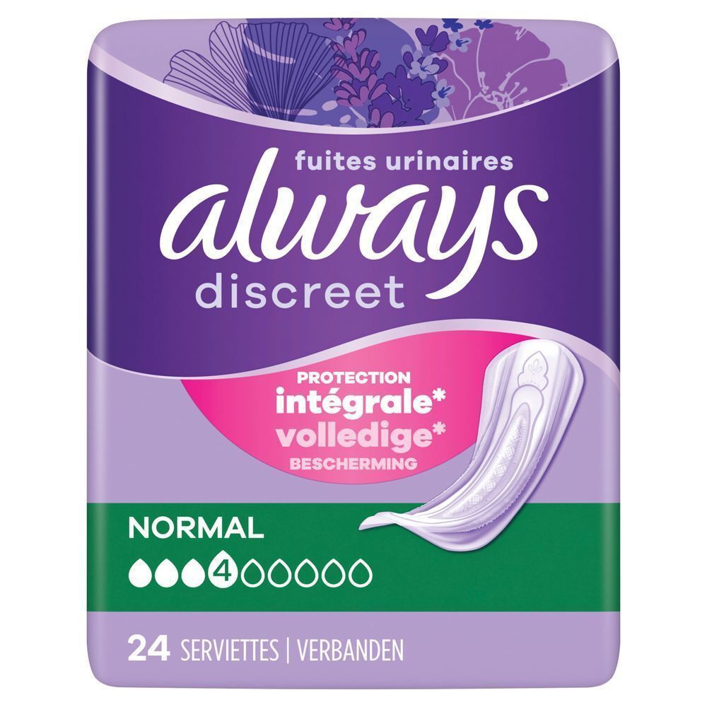Always Discreet Einlagen Verpackung, die Protection Intégrale oder Vollständige Bescherming, also zuverlässigen Schutz, hervorhebt.