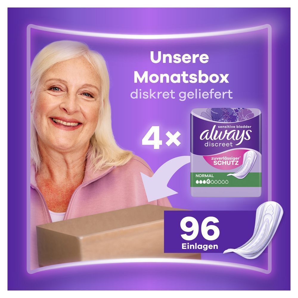 Always Discreet Normal Einlagen Monatsbox mit 96 Stück, diskret geliefert, für extra sicheren Schutz in der Nacht.