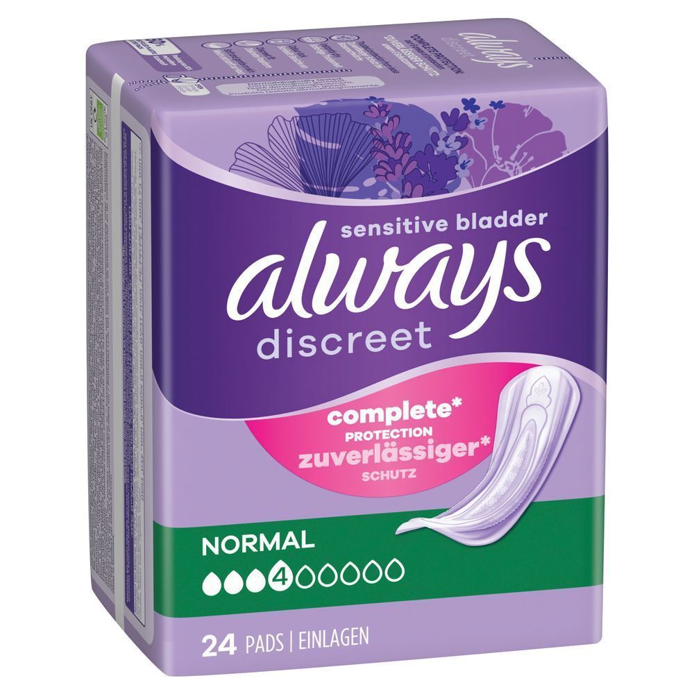 Always Discreet Normal Einlagen-Packung, hervorgehoben mit "Complete Protection, zuverlässiger Schutz".;