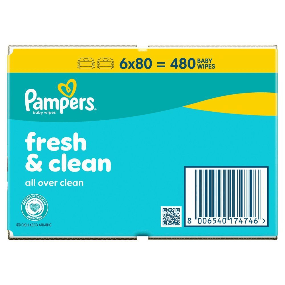 Pampers Fresh & Clean Feuchttücher, 6er Packung mit je 80 Tüchern, also insgesamt 480 Feuchttücher. [RO] Pampers Fresh & Clean baby wipes, pachet cu 6 cutii a câte 80 de șervețele, pentru un total de 480 de șervețele. [HR] Pampers Fresh & Clean vlažne maramice, pakiranje od 6 komada s ukupno 480 maramica. [CS] Pampers dětské ubrousky Fresh & Clean, balení 480 kusů pro svěží a čistou pokožku, dermatologicky schválené. [HU] Pampers Fresh & Clean baba törlőkendő csomagolása, 6 x 80 darabos kiszerelés, összesen 480 darab törlőkendővel. [SK] Pampers Fresh & Clean detské vlhčené obrúsky, balenie 6 x 80 kusov, dermatologicky testované pre šetrné čistenie pokožky bábätiek. [SL] Robčki Pampers Fresh & Clean, pakiranje 6x80 = 480 vlažilnih robčkov za dojenčke.
