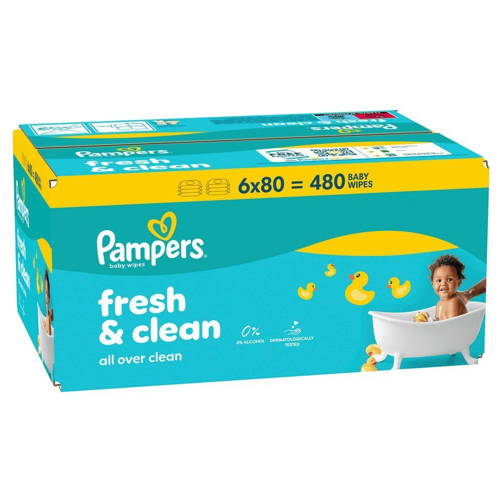 Pampers Fresh & Clean Feuchttücher, 6x80 = 480 Stück, mit dem Hinweis 0% Alkohol, dermatologisch getestet. [RO] Pampers Fresh & Clean șervețele umede pentru bebeluși, pachet cu 480 de bucăți, fără alcool și testate dermatologic. [HR] Pampers Fresh & Clean vlažne maramice, pakiranje od 6 komada s ukupno 480 maramica, 0% alkohola i dermatološki testirano. [CS] Pampers Fresh & Clean dětské ubrousky, balení 480 kusů, s 0% obsahem alkoholu. [HU] Pampers Fresh & Clean baba törlőkendők, 6x80-as kiszerelés, ami összesen 480 darab törlőkendőt tartalmaz, 0% alkohollal és bőrgyógyászatilag tesztelt. [SK] Pampers Fresh & Clean detské obrúsky, balenie 6x80 kusov, s označením 0% alkoholu a dermatologicky testované. [SL] Pampers Fresh & Clean vlažilni robčki, pakiranje s 480 robčki brez alkohola, dermatološko testirani.