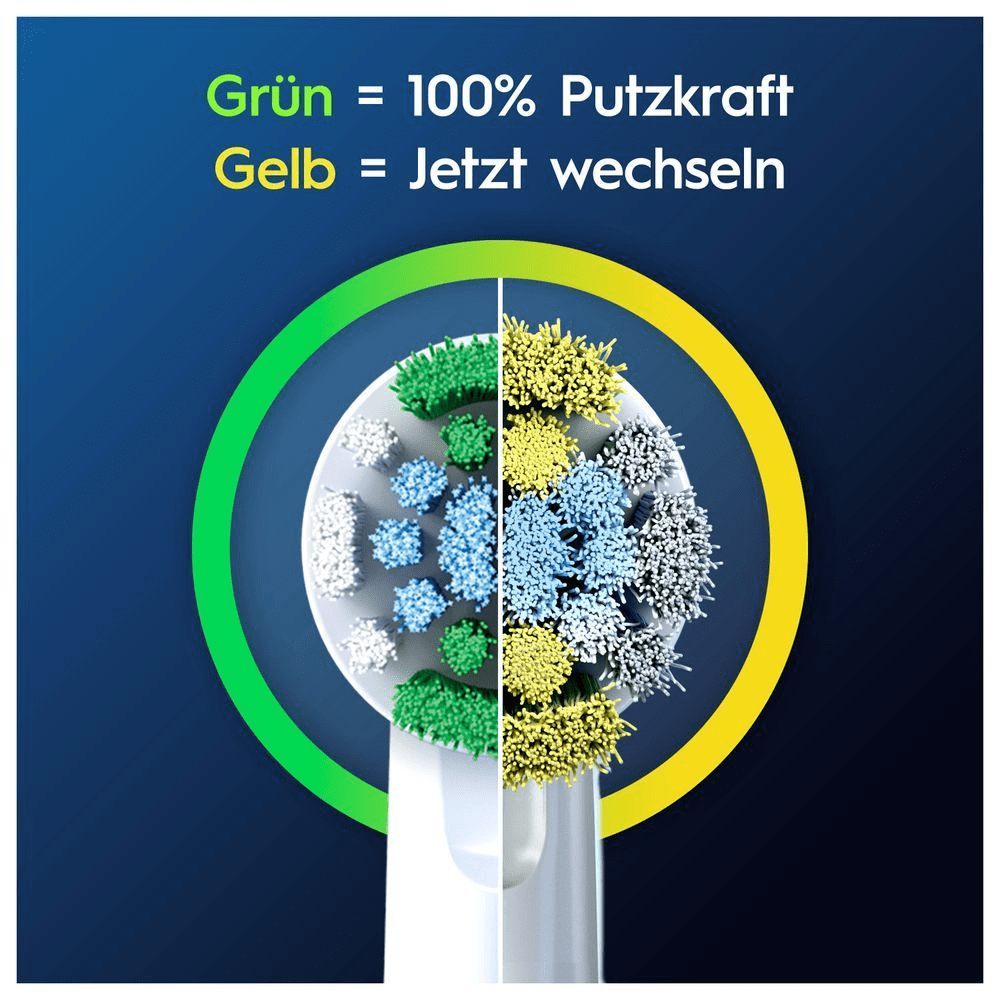 Oral-B Bürstenkopf-Illustration: Grüne Borsten bedeuten 100% Putzkraft, gelbe Borsten signalisieren, dass der Bürstenkopf gewechselt werden sollte. [IT] Le setole verdi della testina Oral-B indicano una pulizia al 100%, mentre le setole gialle segnalano quando è il momento di sostituire la testina.;