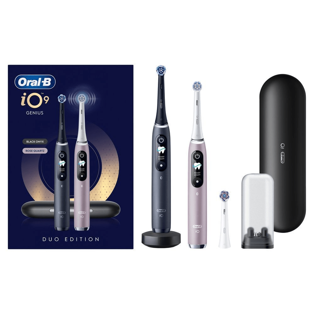Oral-B iO9 Genius elektrische Zahnbürsten Duo Edition in Black Onyx & Rose Quartz.