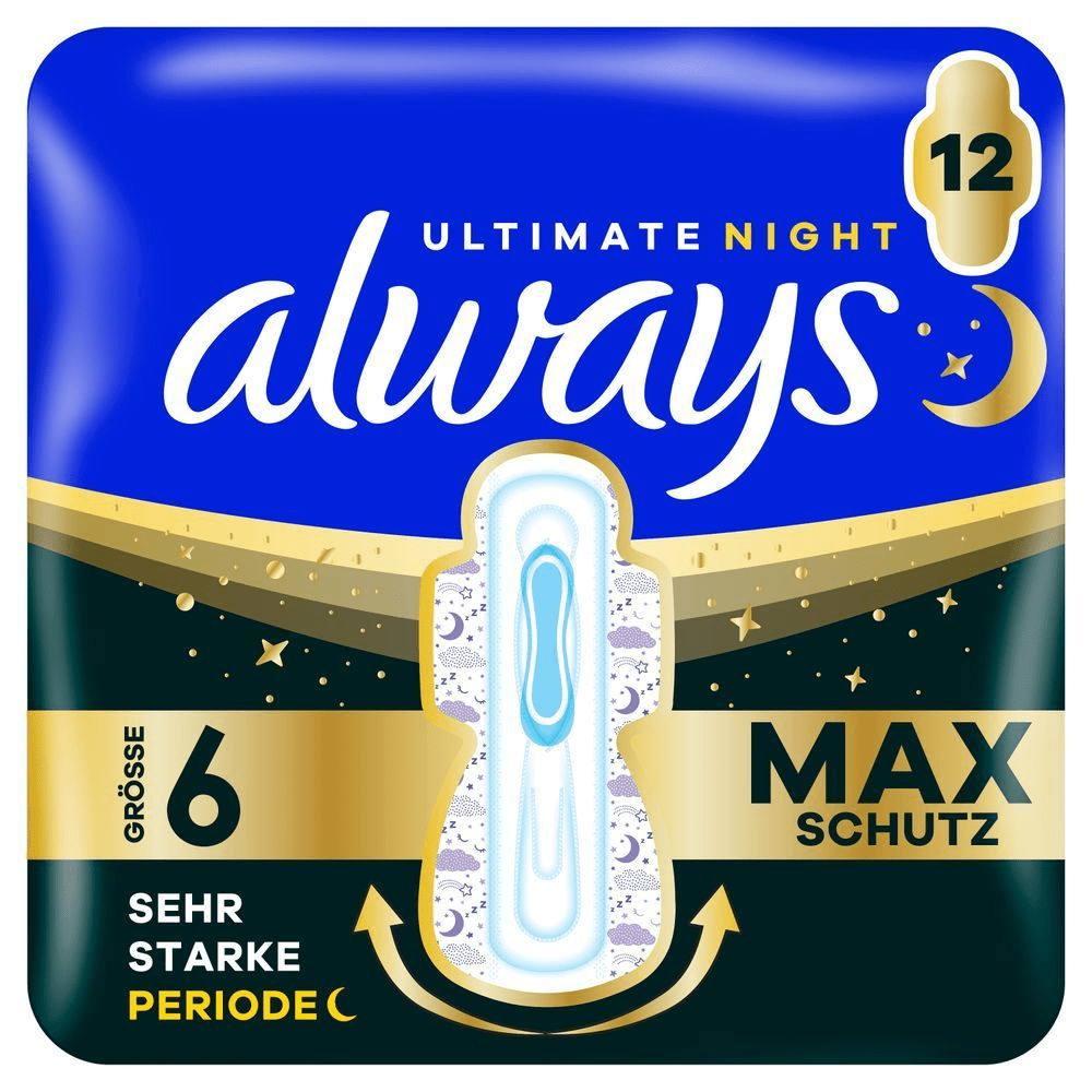 Always Ultimate Night Binden, Größe 6, Packung mit 12 Stück für sehr starke Periode und maximalen Schutz. [EN] Always Ultimate night super heavy pads, size 6, 12 count, with wings, max protection, our longest and widest pad, instant dry, leak guard, 3 times more absorbent, extra wings on the back. Plastic pack front panel in black, Always logo dark blue.