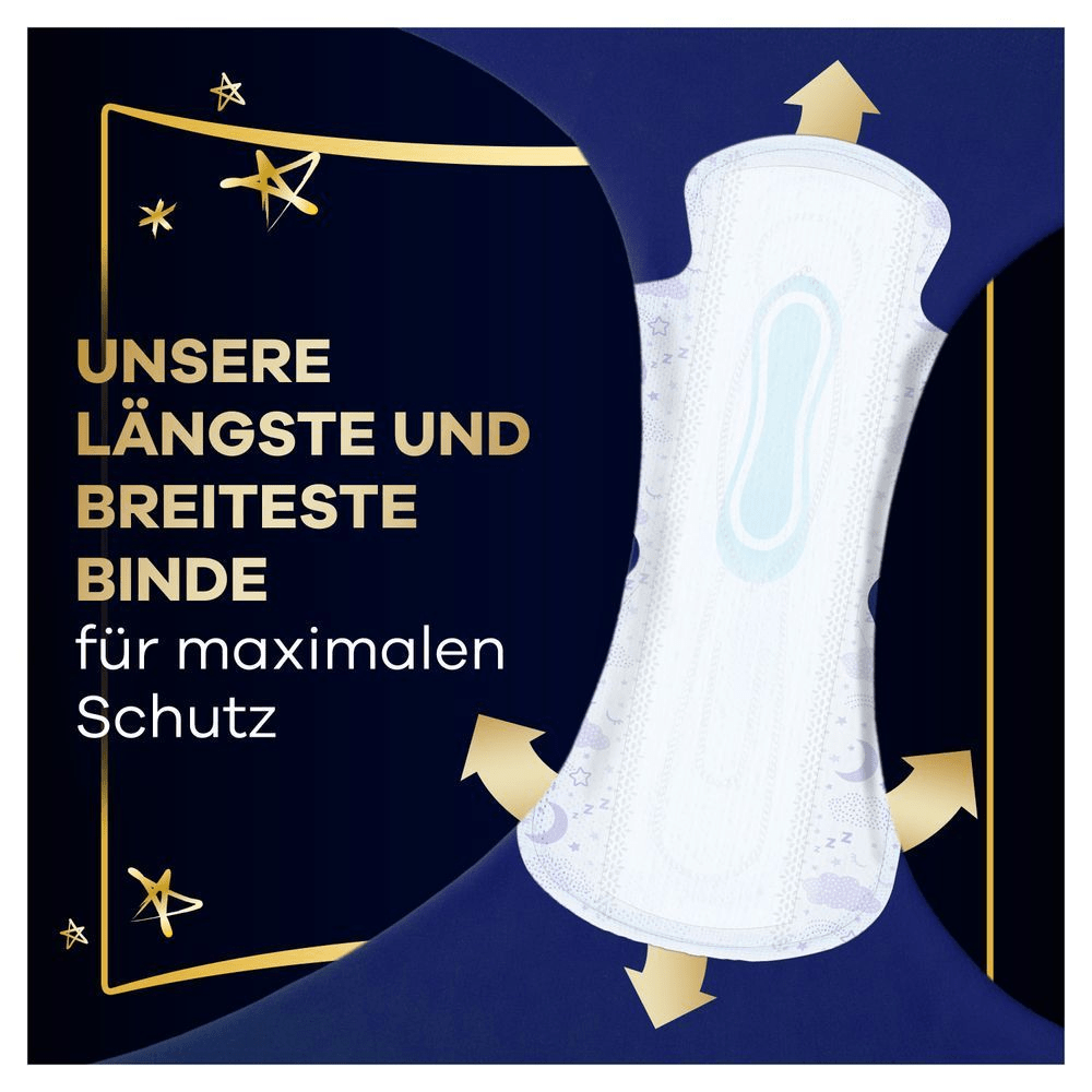 Always Binde, hervorgehoben als die längste und breiteste Binde für maximalen Schutz, mit goldenen Pfeilen, die die Abdeckung demonstrieren.