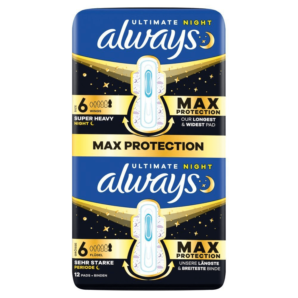 Always Ultimate Night Damenbinden Packung, die MAX SCHUTZ als unsere längste & breiteste Binde hervorhebt. [EN] Always Ultimate night super heavy pads, size 6, 12 count, with wings, max protection, our longest and widest pad, instant dry, leak guard, 3 times more absorbent, extra wings on the back. Plastic pack front panel in black, Always logo dark blue. Max protection hig hlighted int he middle in black caps on a gold banner. [DA] Always Ultimate Night bindepakke, der fremhæver Max Protection som vores længste og bredeste bind for super tung natbrug. [SV] Always Ultimate Night bindor, storlek 6 med vingar, erbjuder maximalt skydd som märkets längsta och bredaste binda. [FI] Always Ultimate Night terveyssiteiden pakkaukset, joissa korostetaan maksimaalista suojaa ja pisintä sekä leveintä sidekokoa. [NO] Always Ultimate Night bindpakke, fremhever MAX PROTECTION som vårt lengste og bredeste bind.