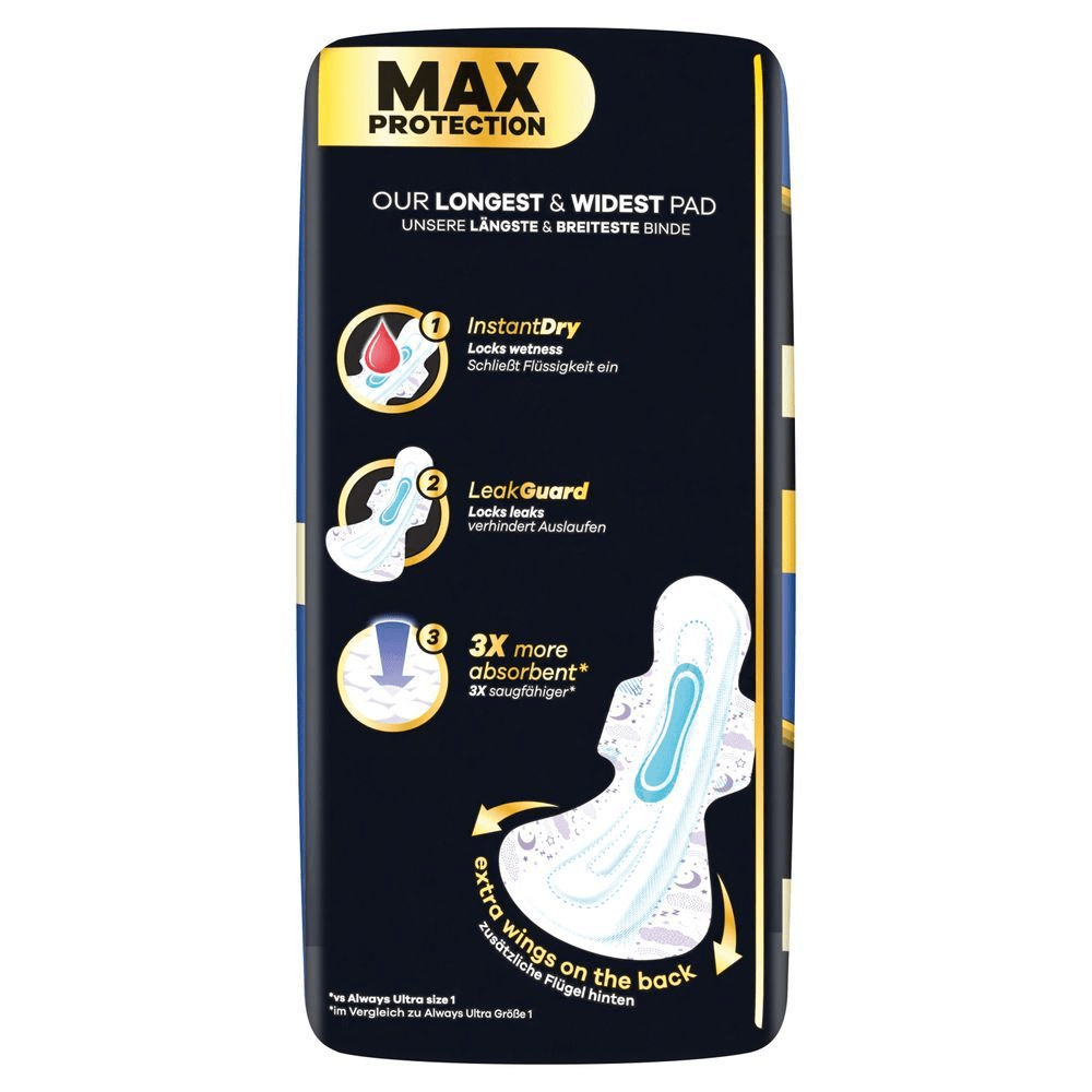 Always Ultimate Night, arrière de l'emballage montrant les caractéristiques du produit