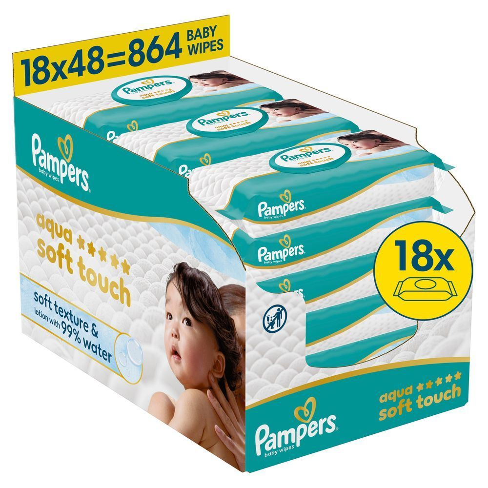 Pampers Aqua Soft Touch Feuchttücher, 18x48 = 864 Stück, unsere beste Reinigung und Hautschutz [HR] Pampers Aqua Soft Touch vlažne maramice s 99% vode, 18 pakiranja. [CS] Pampers aqua soft touch vlhčené ubrousky, 18x48 (864 ks) s 99% vody. [HU] Pampers Aqua Soft Touch babatörlőkendő, 18x48 db-os csomag, 99% víztartalommal. [SK] Pampers Aqua Soft Touch detské obrúsky, balenie 18x48=864 kusov. [SL] Pampers Aqua Soft Touch vlažilni robčki, 18 paketov, z 99% vode.