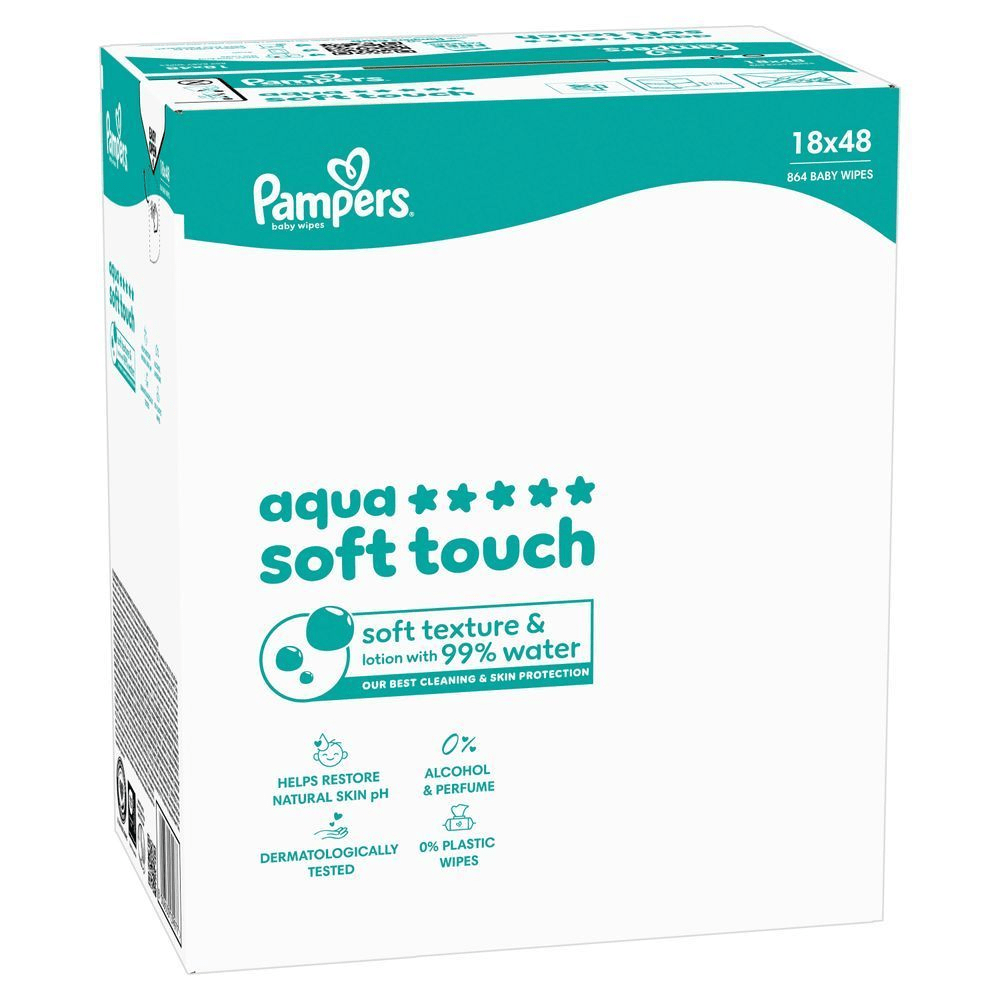 Pampers Aqua Soft Touch Feuchttücher, 99% Wasser, 0% Plastik im Tuch, 864 Stück.