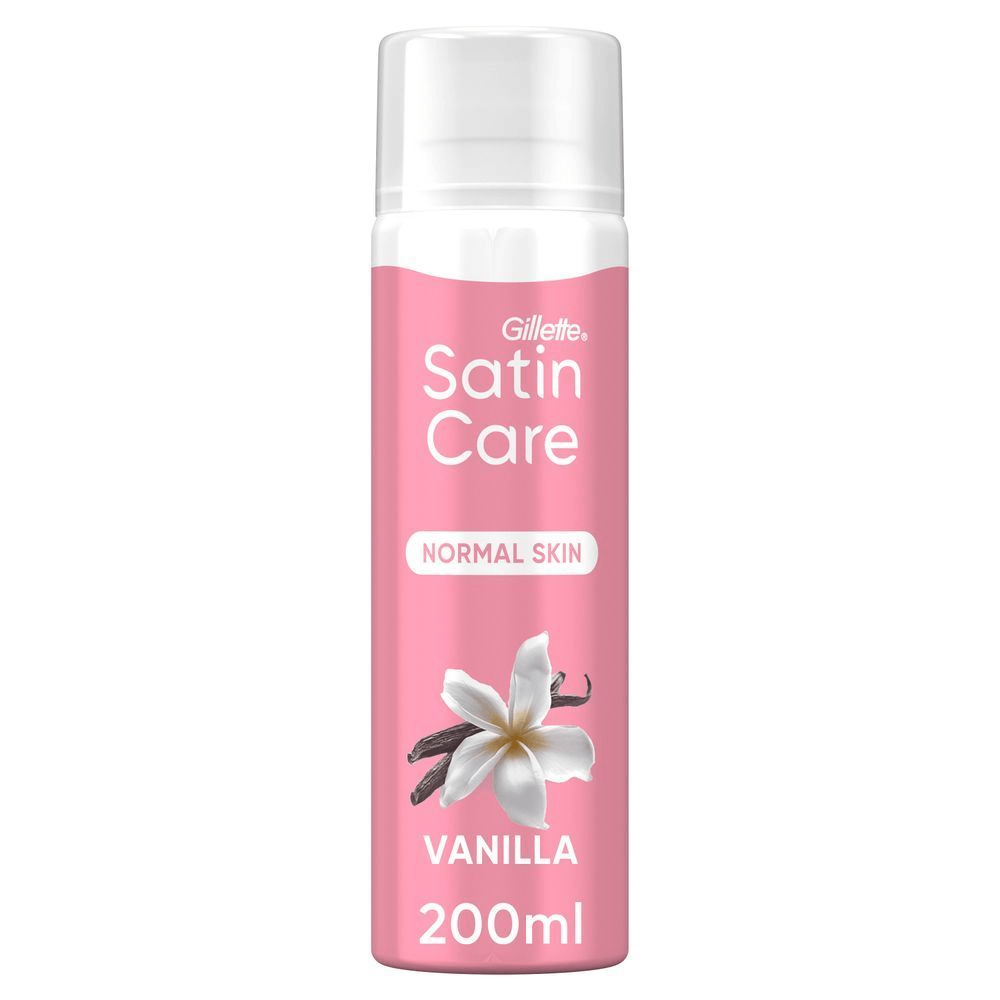 Satin Care Rasiergel für normale Haut mit Vanilleduft, 200 ml, mit einer Vanilleblüte und Vanilleschoten auf der Verpackung.