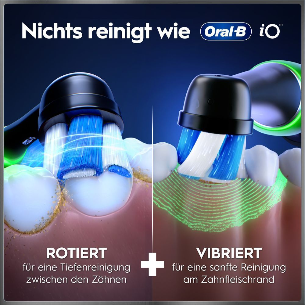 Oral-B iO zeigt Tiefenreinigung durch Rotation und sanfte Vibration am Zahnfleischrand.